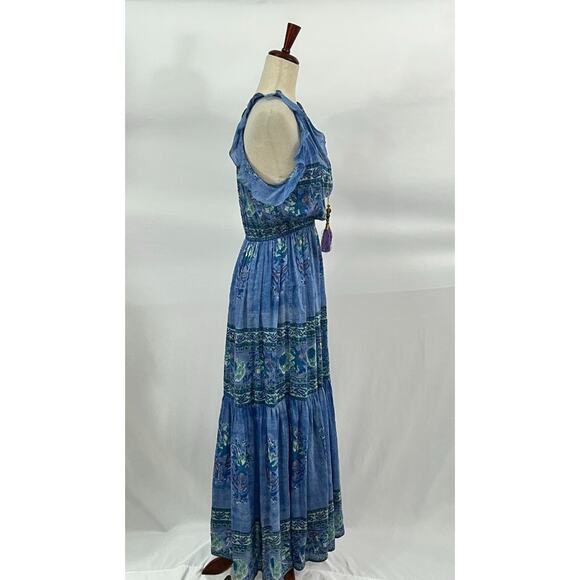 BELL by ALICIA BELL Sz XS Blue Print Ruffled Armhole Tasseled Maxi Dress - Picture 8 of 10